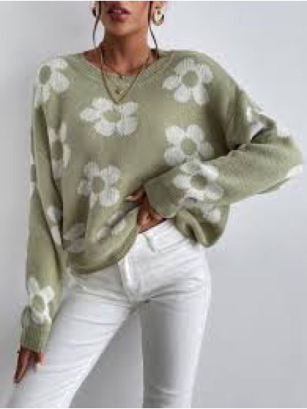SHEIN Olive Green V-Neck Daisy Knit Sweater